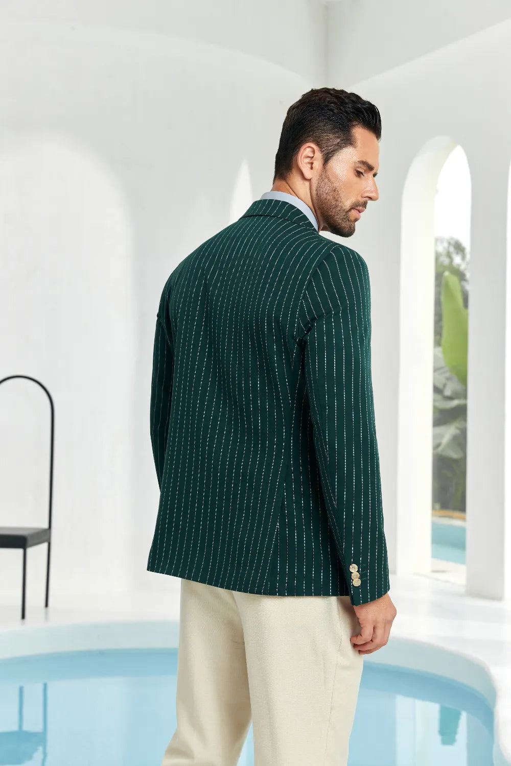 Men's Dark Green Stripe Peak Lapel Blazer