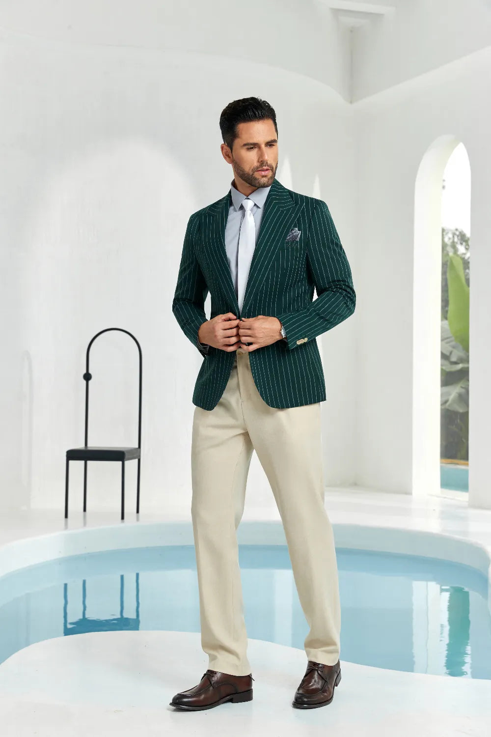 Men's Dark Green Stripe Peak Lapel Blazer