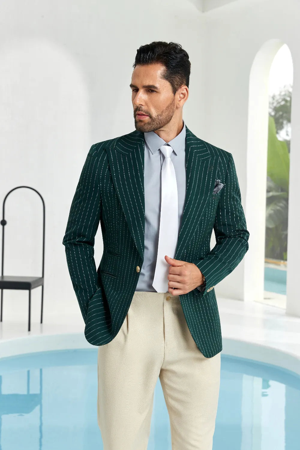 Men's Dark Green Stripe Peak Lapel Blazer