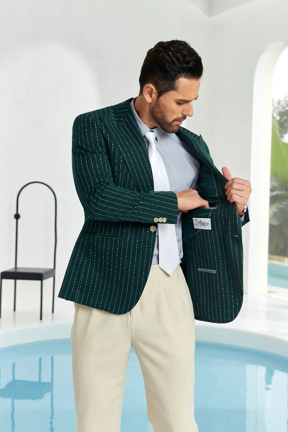 Men's Dark Green Stripe Peak Lapel Blazer