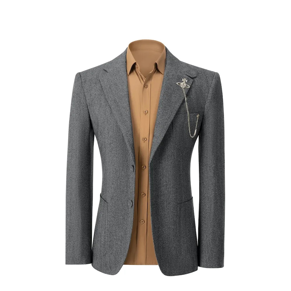 front view of dark grey herringbone wool 2 piece suit blazer – showcasing classic business fit for winter occasions