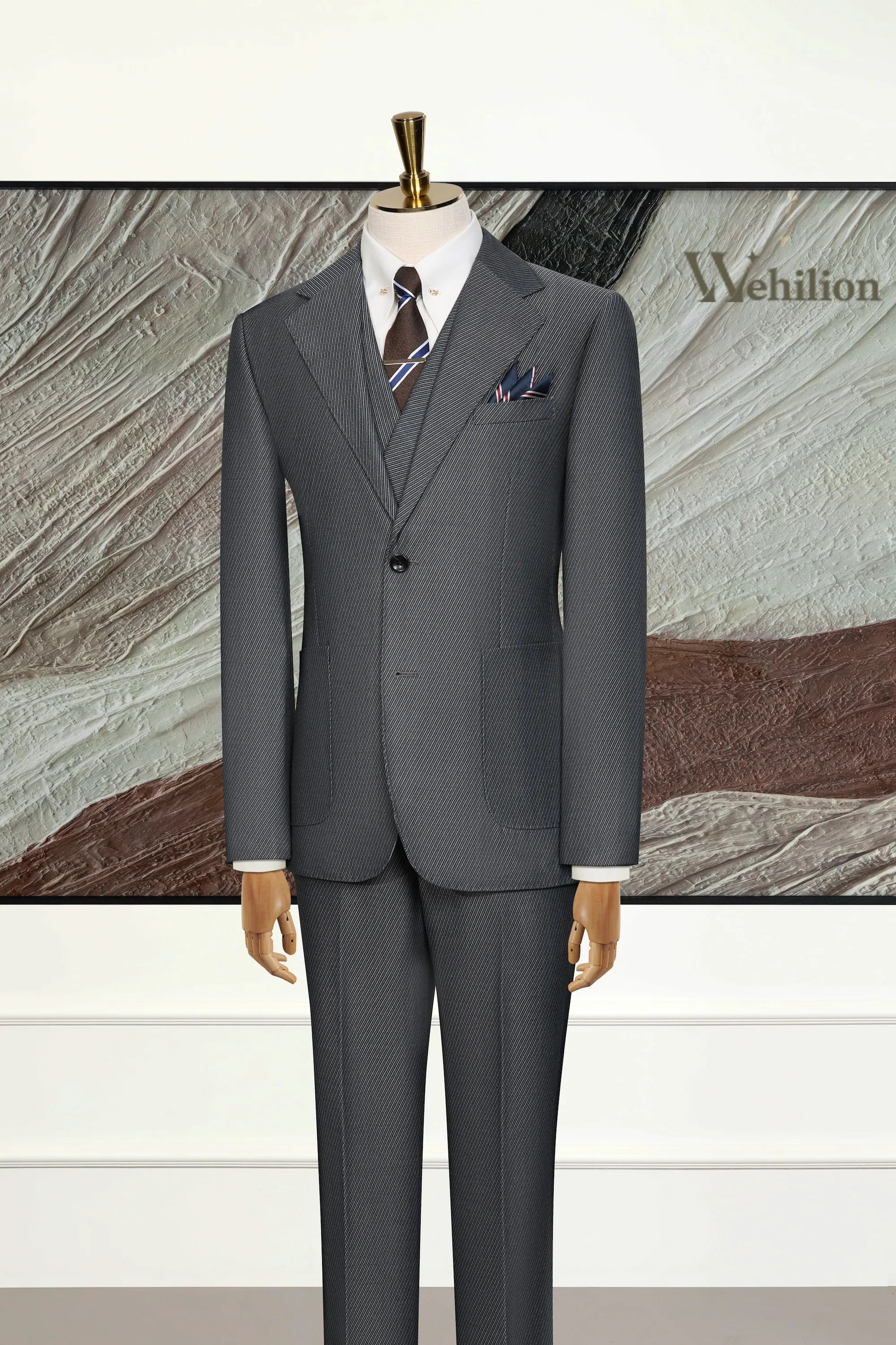 Men's Dark Grey Pinstripe Wool Blend 3 Piece Suits