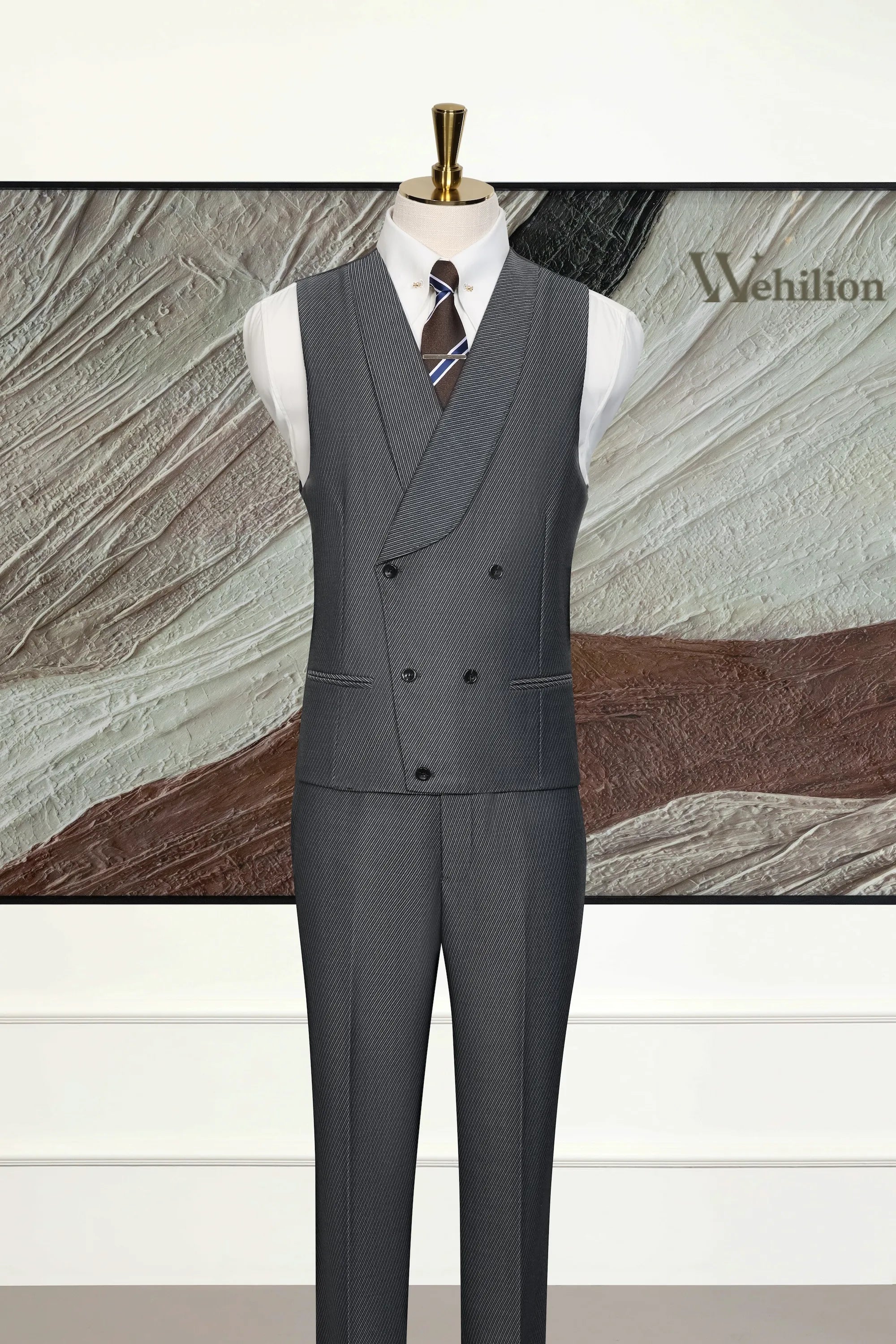 Men's Dark Grey Pinstripe Wool Blend 3 Piece Suits