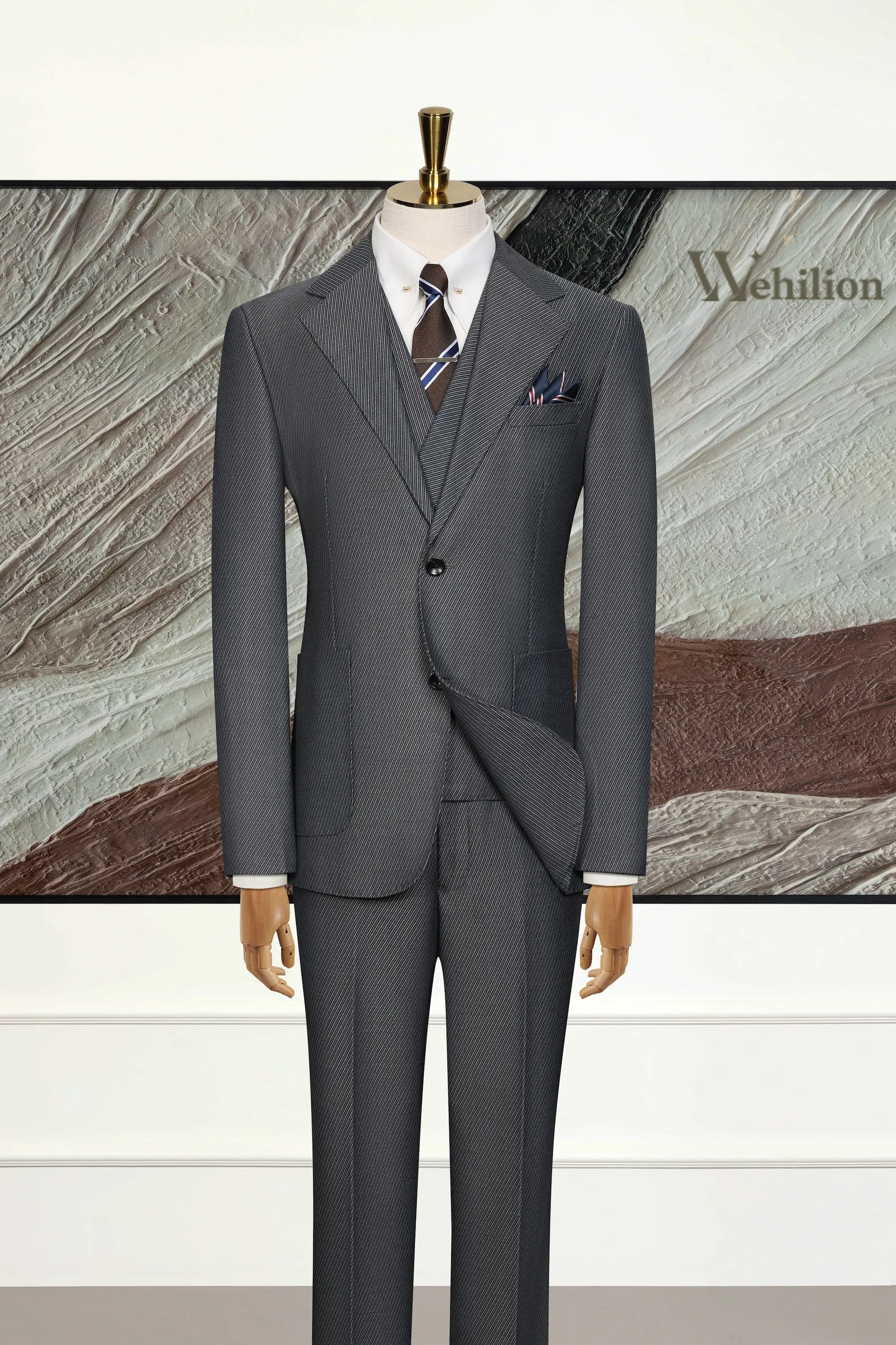 Men's Dark Grey Pinstripe Wool Blend 3 Piece Suits