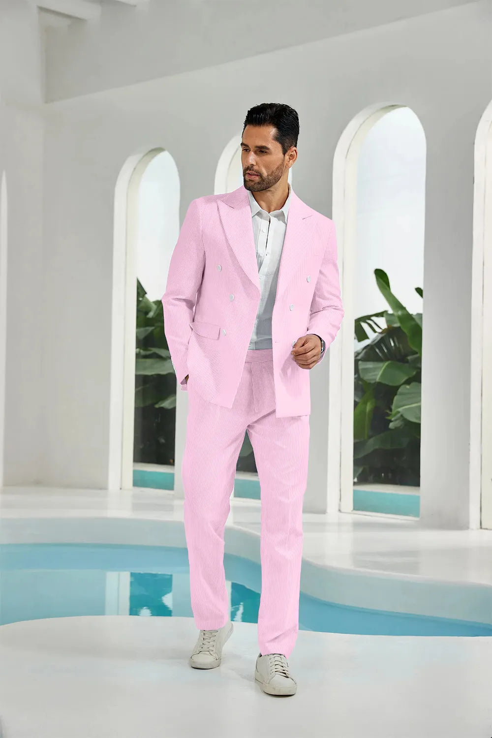Dark pink seersucker double breasted blazer pants 2 piece men's summer suit upgrade version on model