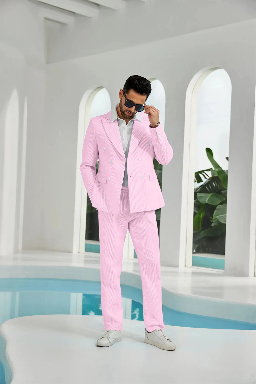 Dark pink seersucker double breasted blazer pants 2 piece men's summer suit upgrade version front display