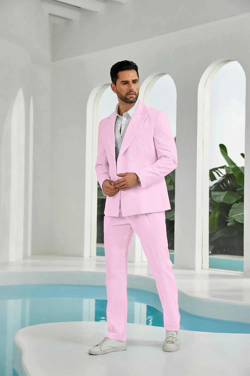 Dark pink seersucker double breasted blazer pants 2 piece men's summer suit upgrade version side display