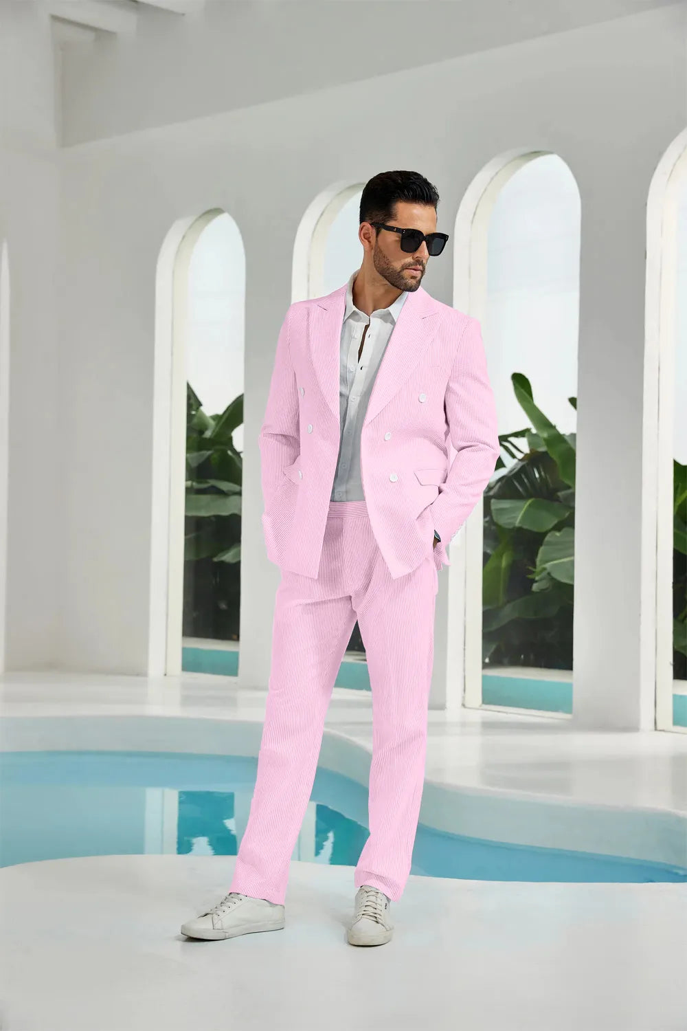 Dark pink seersucker double breasted blazer pants 2 piece men's summer suit upgrade version