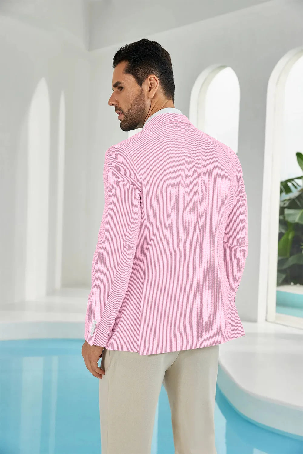 Dark pink-white seersucker striped men's summer blazer back display