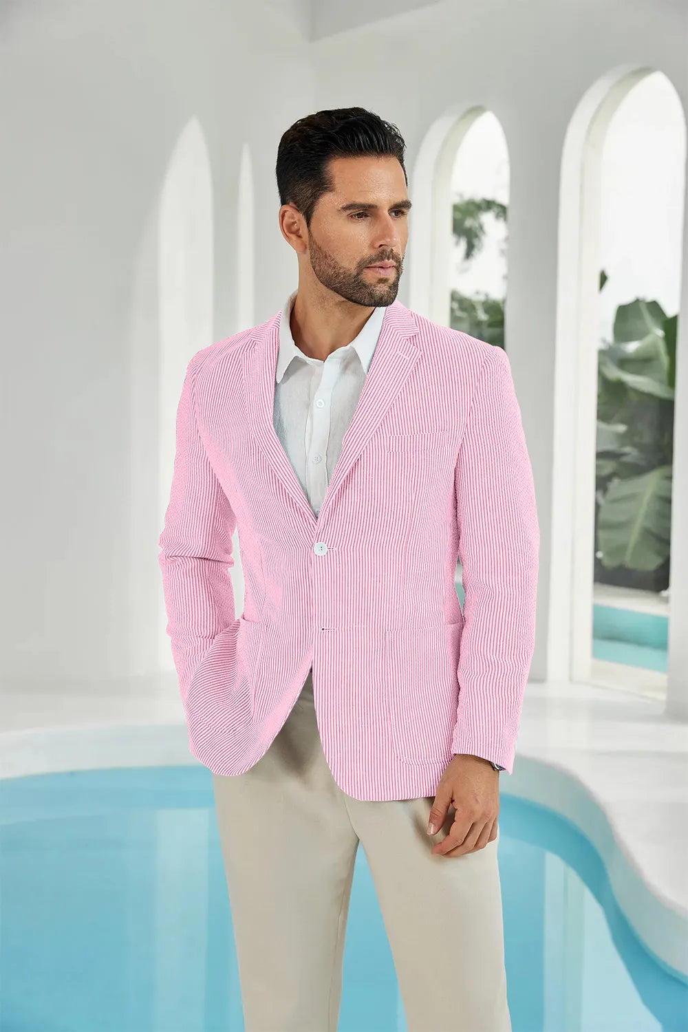 Dark pink-white seersucker striped men's summer blazer close up