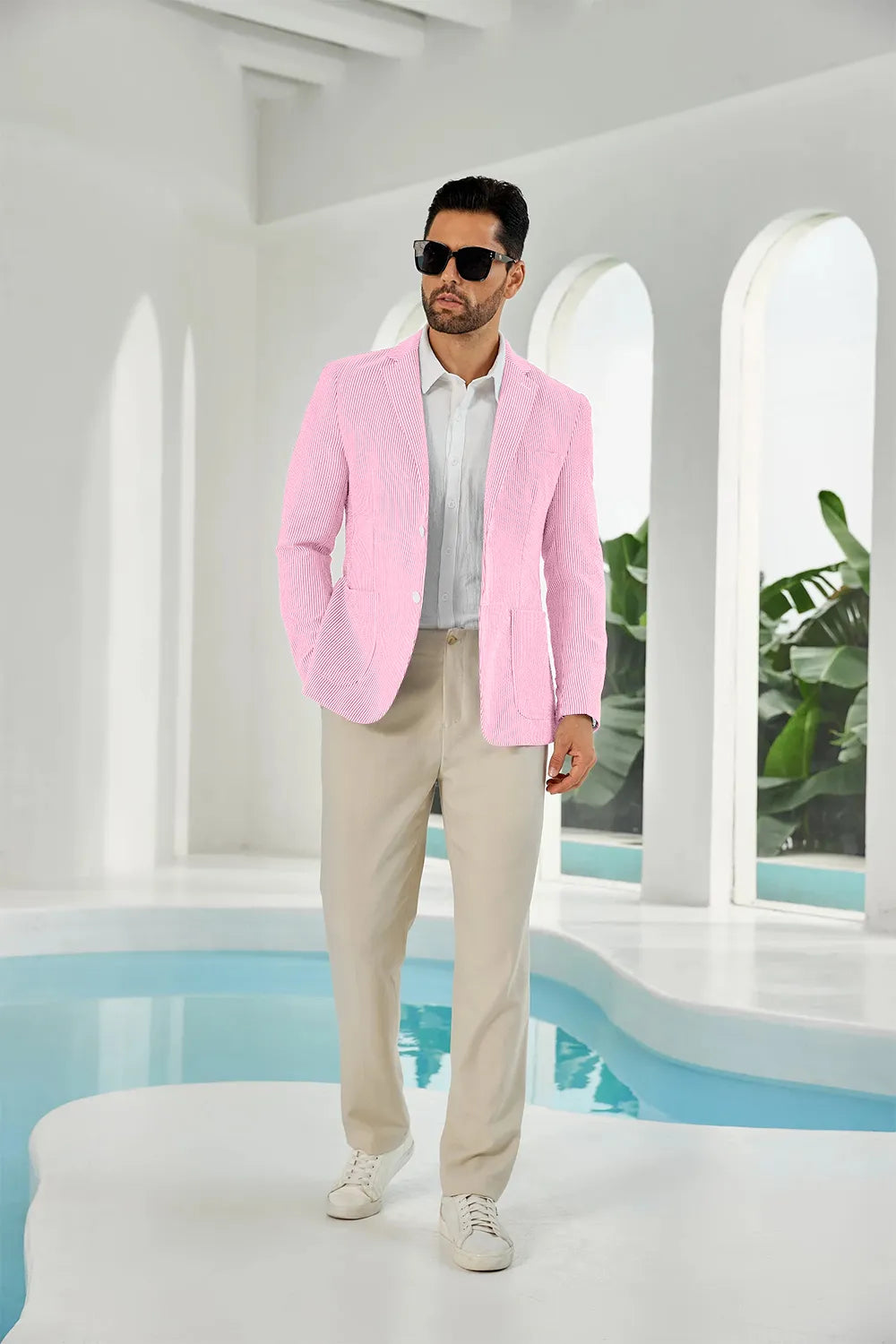 Dark pink-white seersucker striped men's summer blazer on model