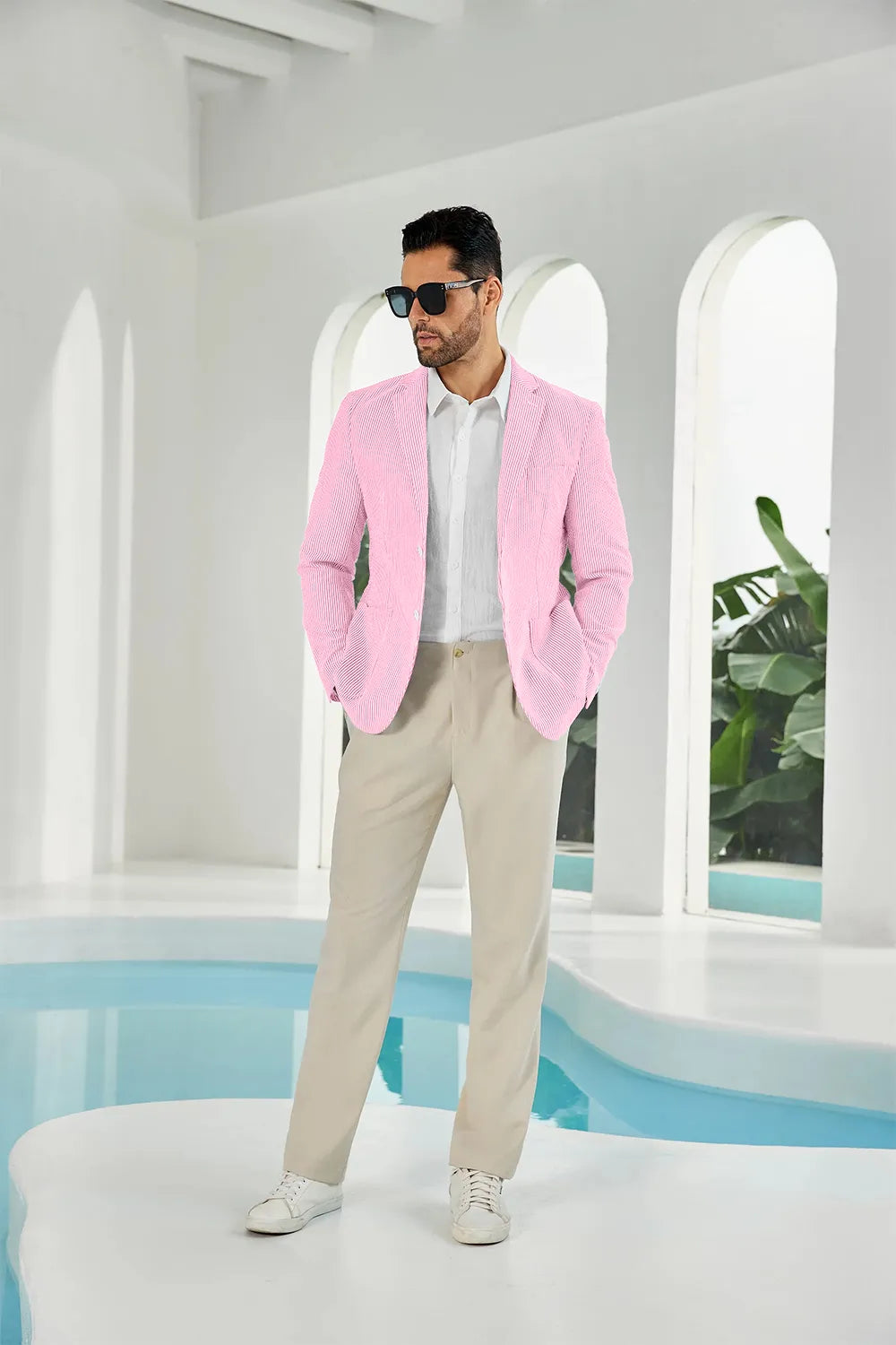 Dark pink-white seersucker striped men's summer blazer front display