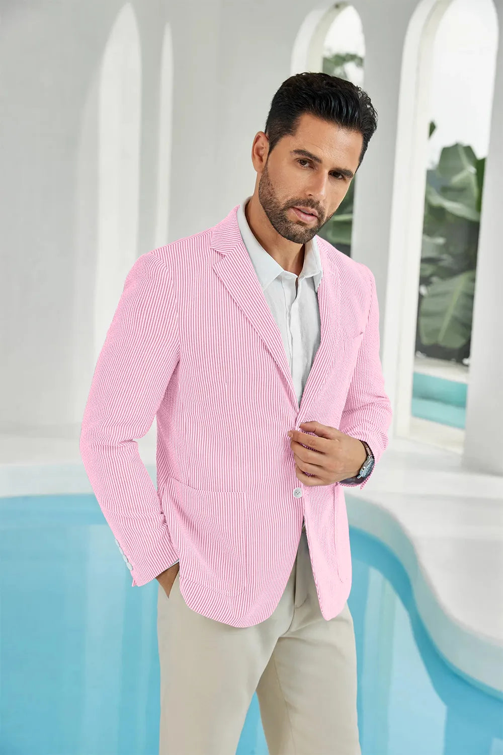 Dark pink-white seersucker striped men's summer blazer