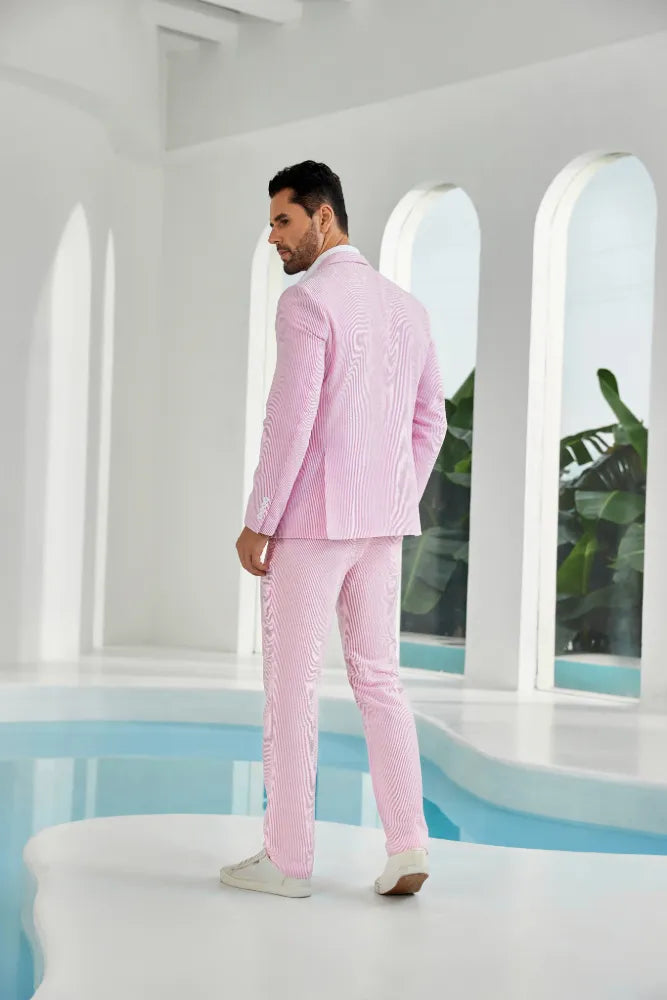 Back display of upgraded dark pink-white striped seersucker summer blazer outfit