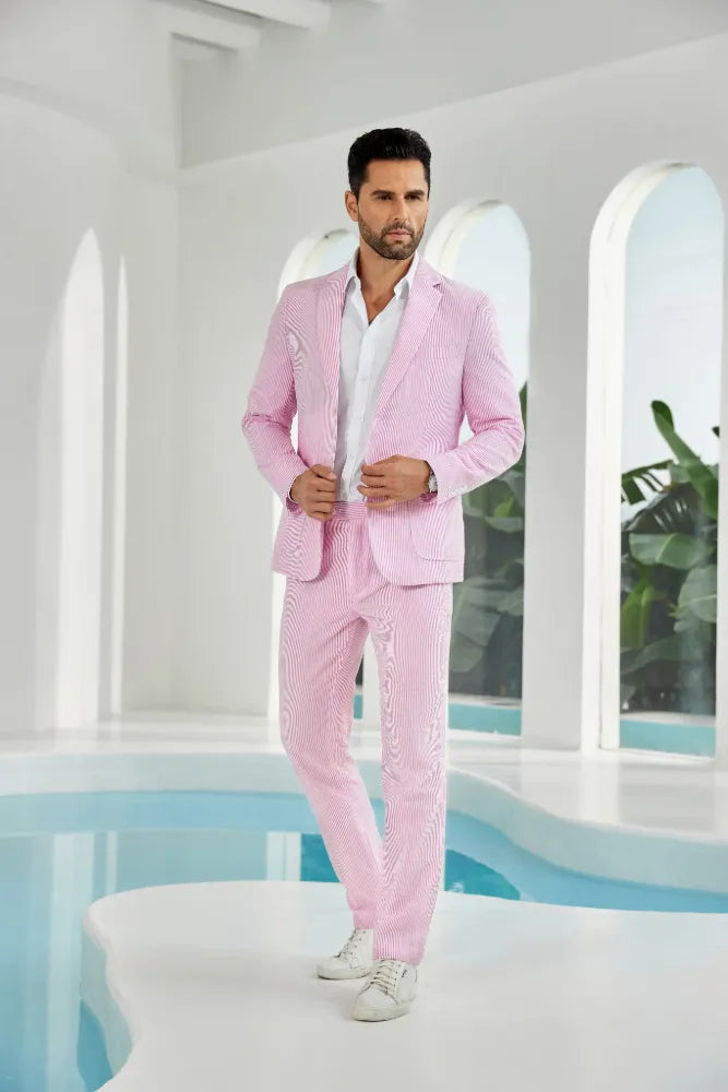Model wearing dark pink-white striped seersucker blazer set, ideal for summer occasions