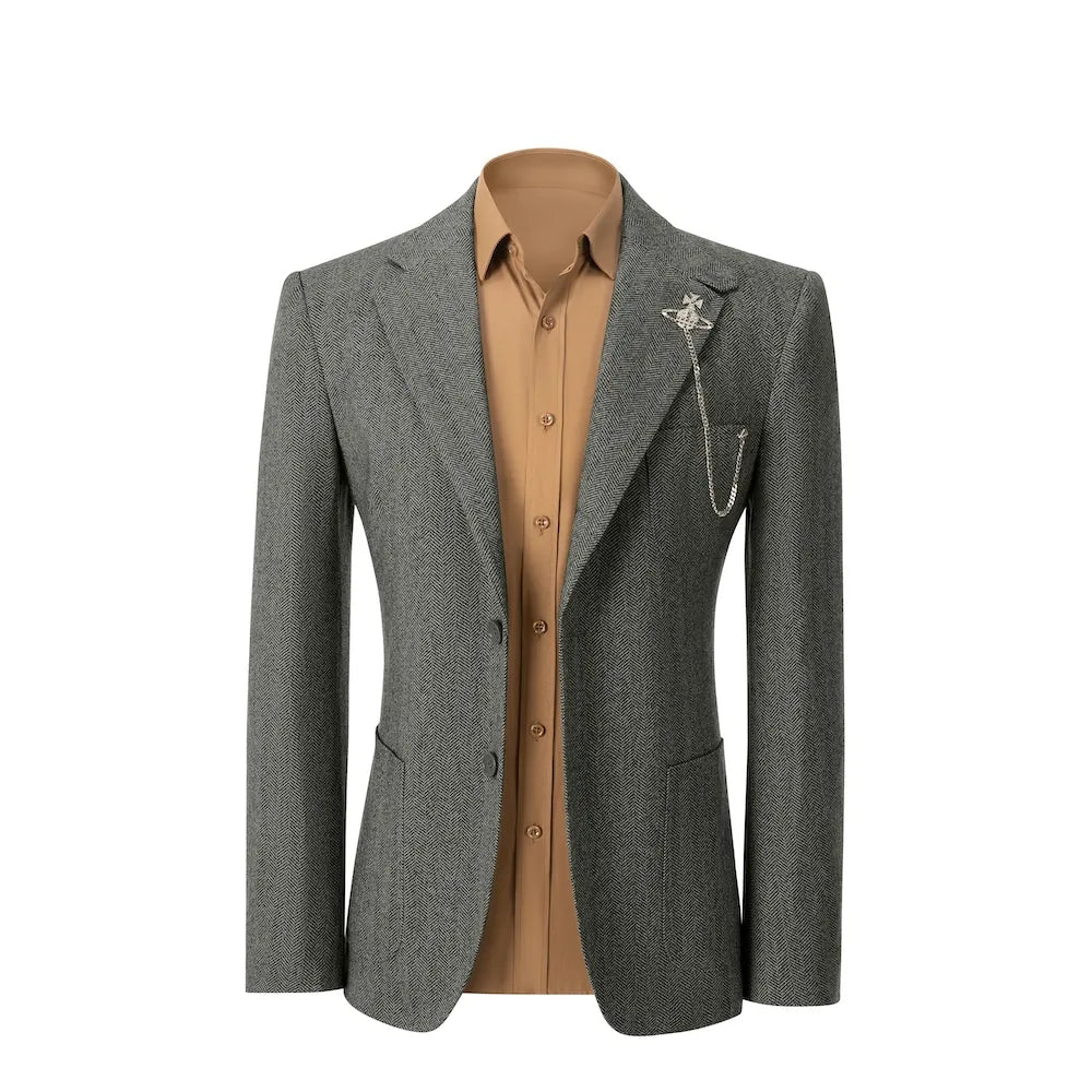 front view of dark tea herringbone wool 2 piece suit blazer – showcasing classic business winter fit with tailored design