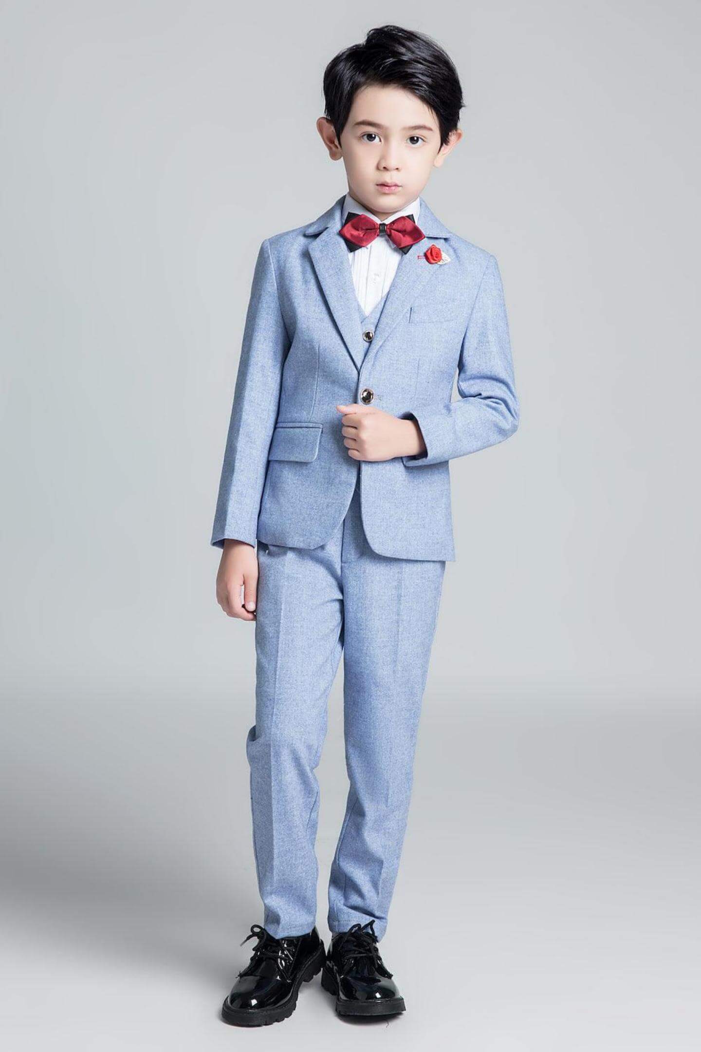 Denim blue boys' 5-piece formal suit - classic prom outfit with red bow tie & rose lapel pin