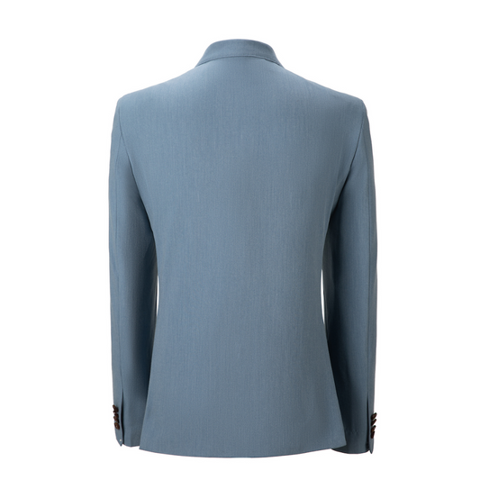 Men's light blue double breasted blazer back view - textured look two button designer formal jacket