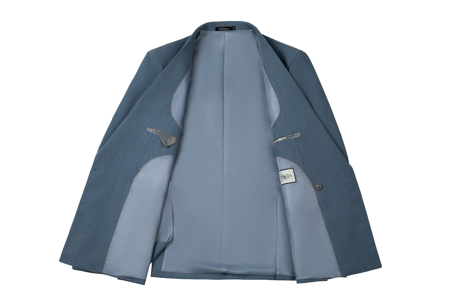 Men's blue double breasted blazer lining - light blue inner fabric with zipper pockets & brand label on designer jacket interior