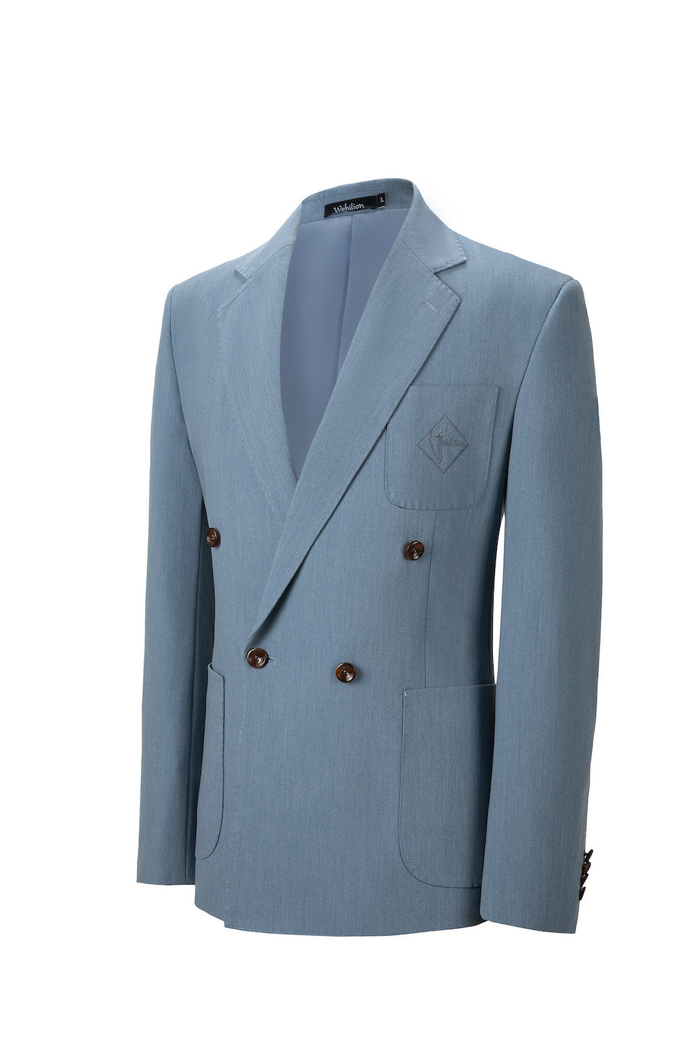 Designer style men's light blue double breasted blazer - textured look two button jacket with embroidered pocket