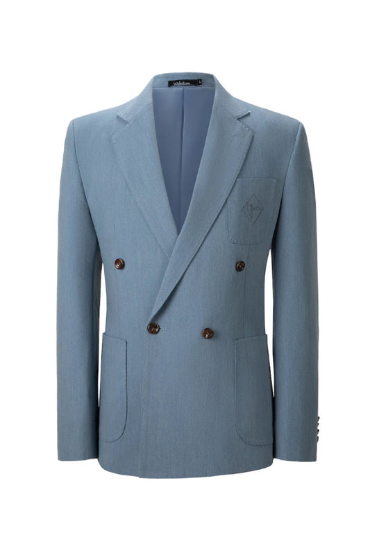 Designer style men's light blue double breasted blazer - textured look two button formal jacket