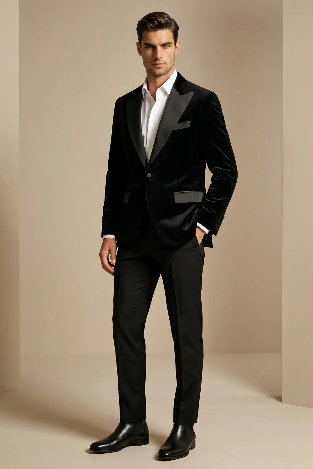 Men's Black Velvet Peak Lapel 2-Piece Tuxedo Suit