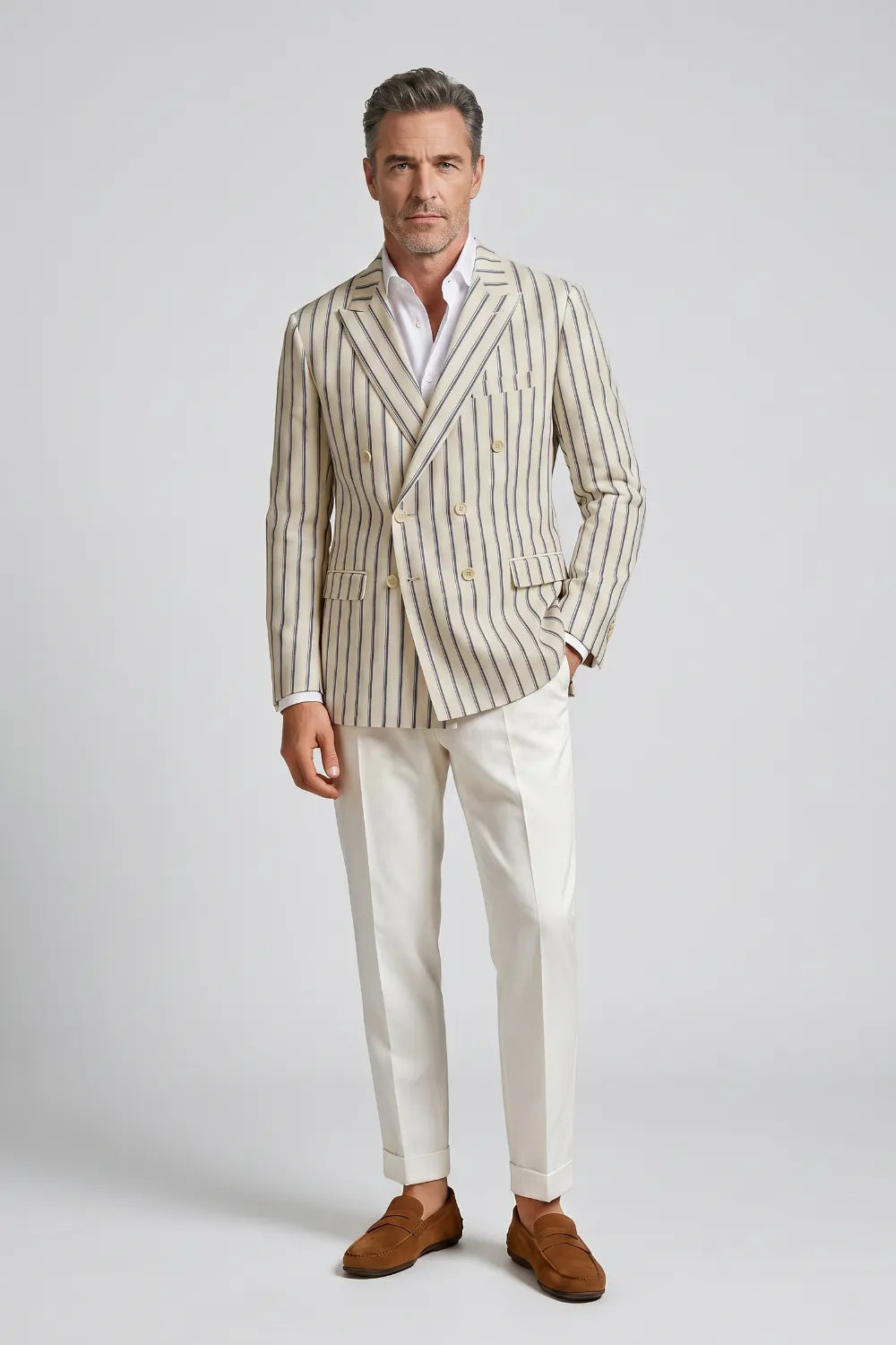 Men's Cream Pinstripe Double Breasted Peak Lapel 2 Piece Suit