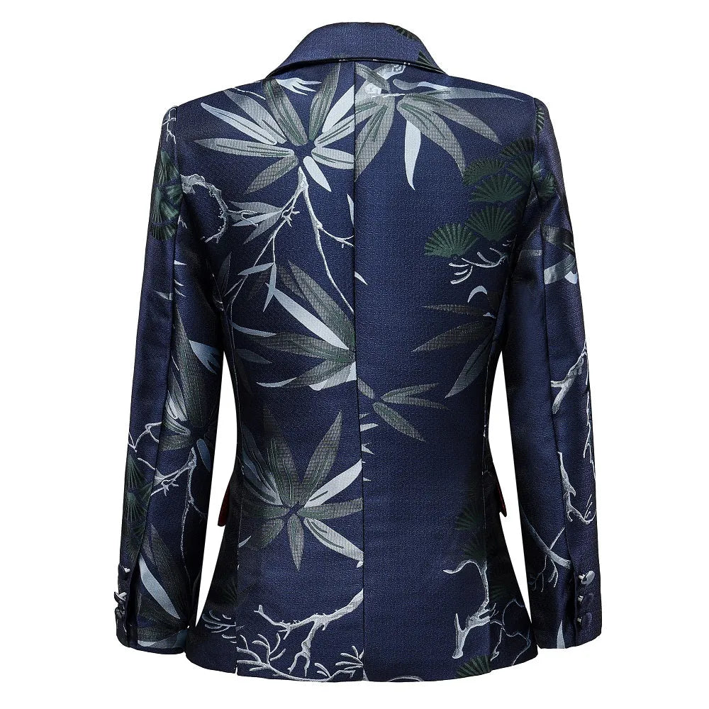 Blue boys' blazer back: Tropical leaf & branch print, formal party jacket with nature-inspired design
