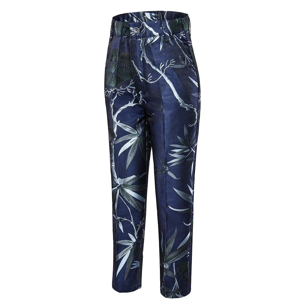 Blue boys' tropical print pants: Leaf & branch pattern, formal party trousers for banquet events