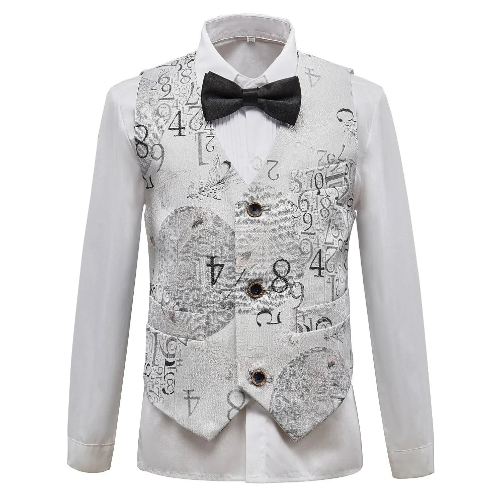 White dress shirt and number print vest with bow tie – stylish patterned vest outfit for boys