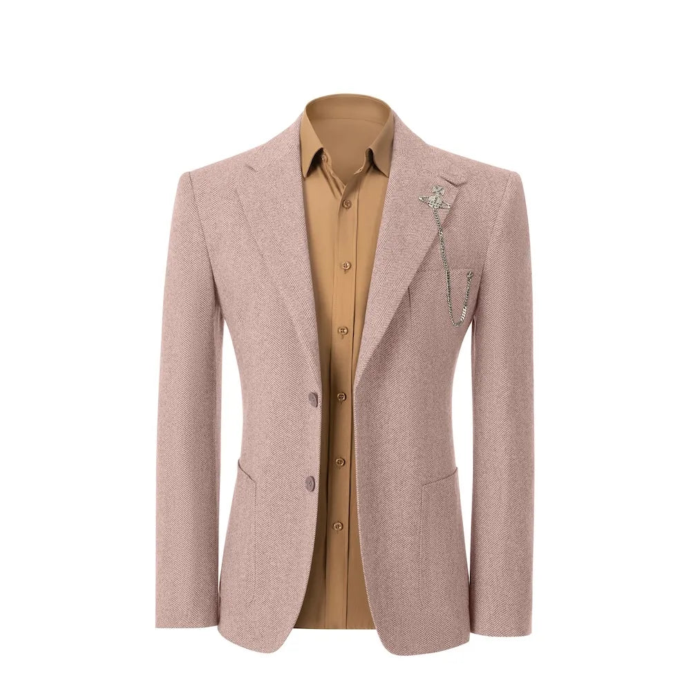 front view of dusty pink herringbone wool 2 piece suit blazer – showcasing classic winter business fit with tailored design