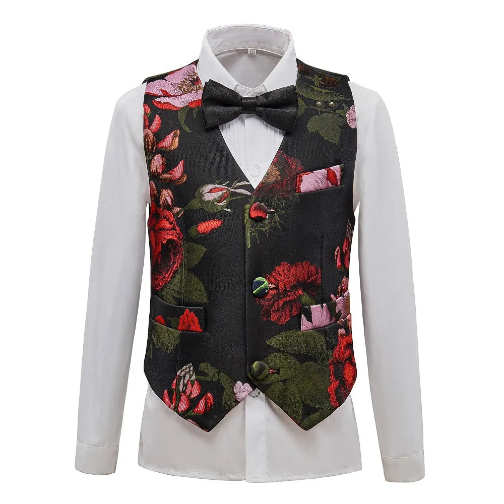 Black boys' suit with striking red and green floral print – formal and stylish