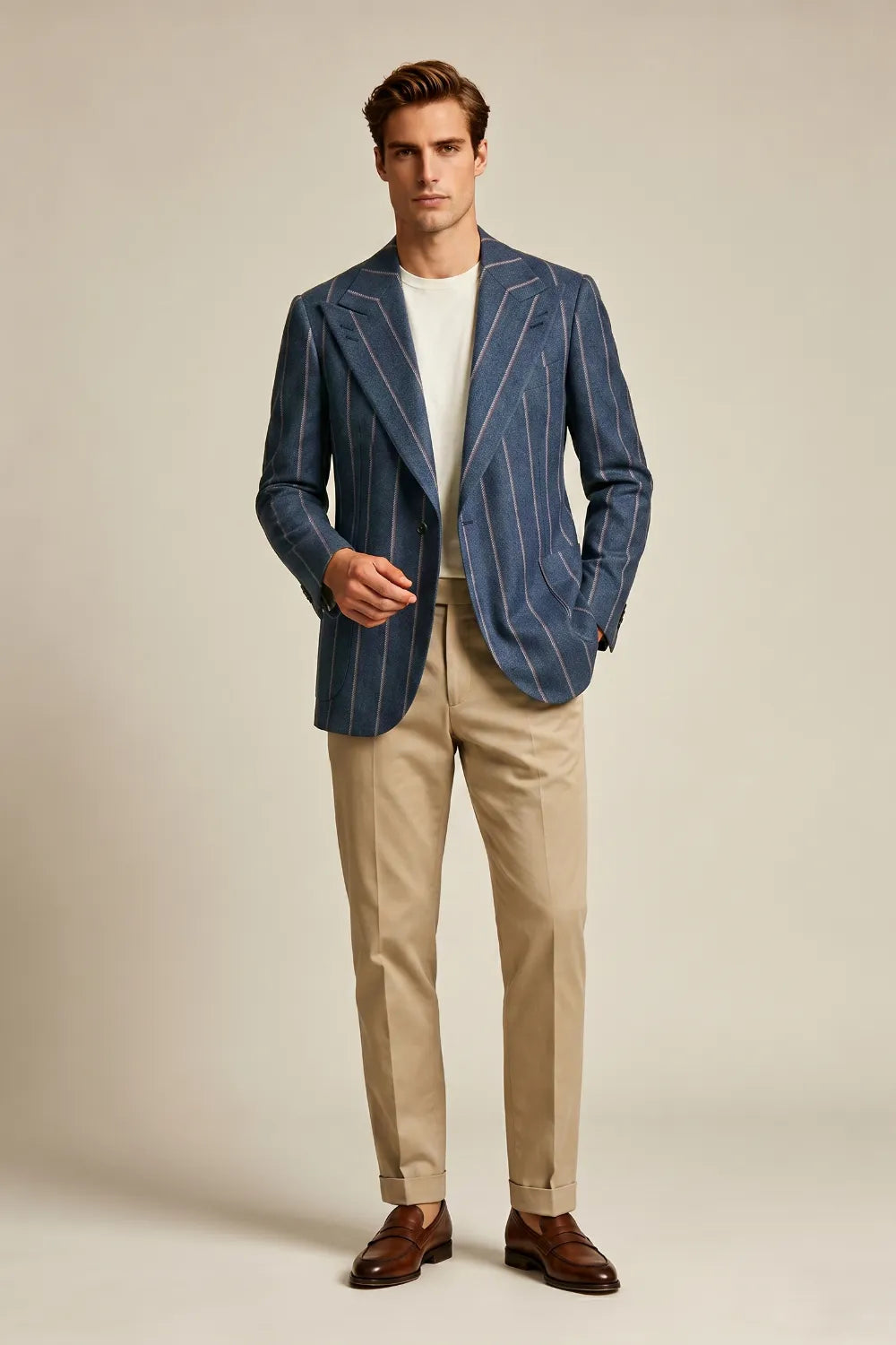 Men's Dark Slate Blue Striped Wide Peak Lapel 2 Piece Suit