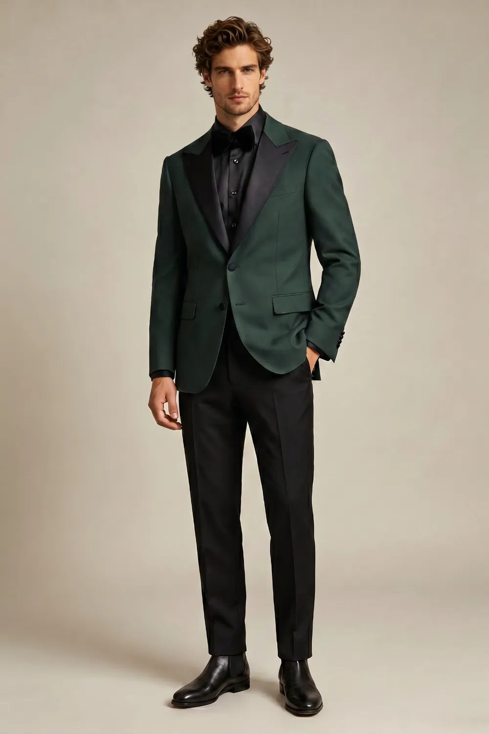 Men's Emerald Green And Black Peak Lapel Tuxedo Suit