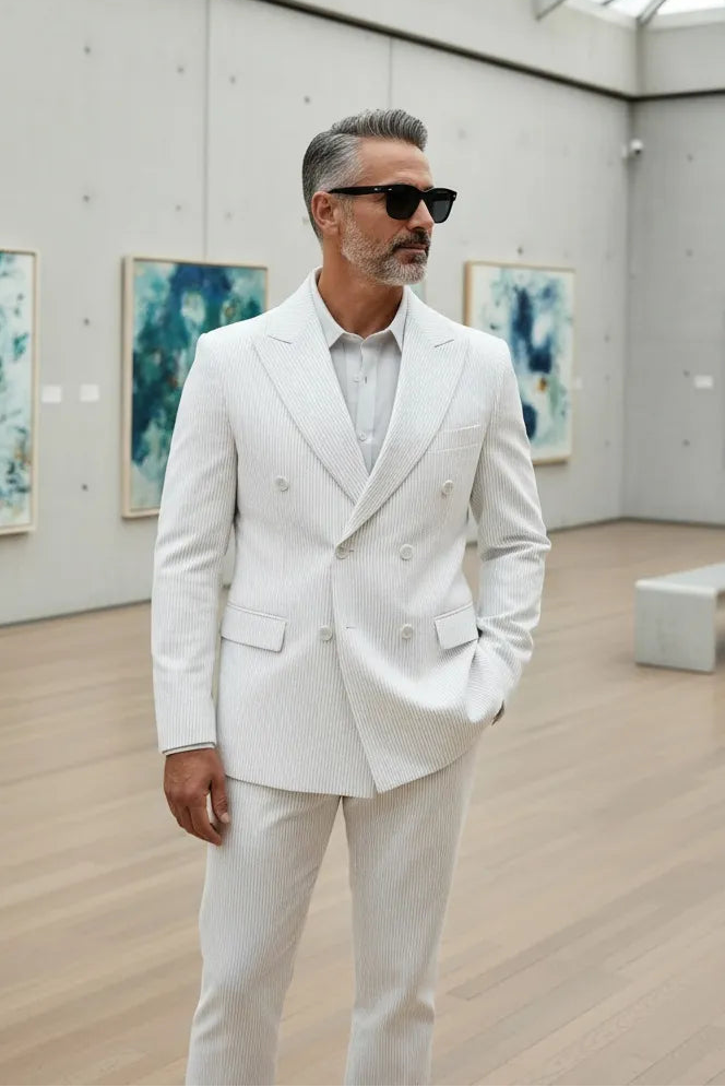 Men's Summer Double Breasted Seersucker 2 Piece Suits