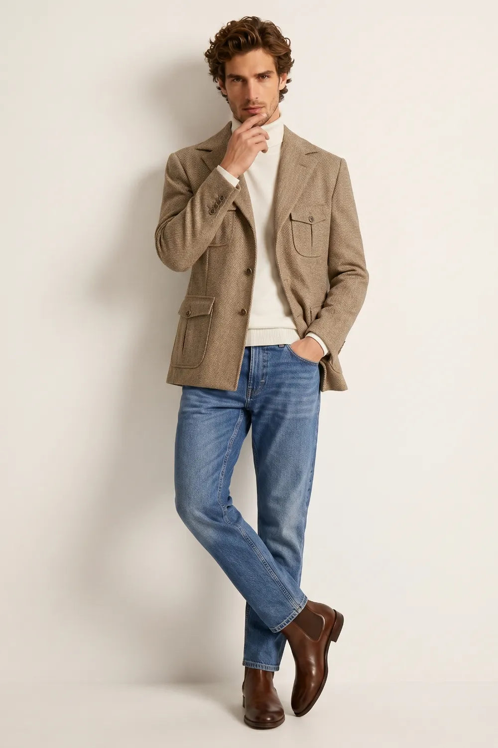 Men's Khaki Herringbone Wool Blend Safari Blazer