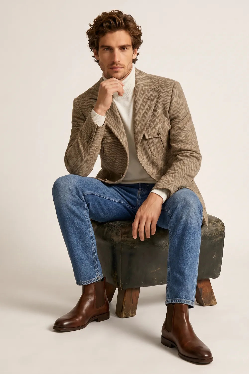 Men's Khaki Herringbone Wool Blend Safari Blazer