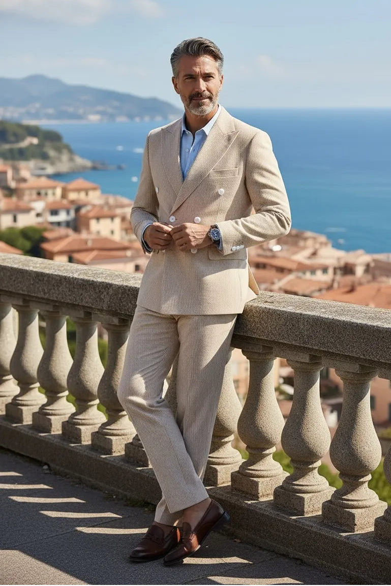 Men's Summer Double Breasted Seersucker 2 Piece Suits