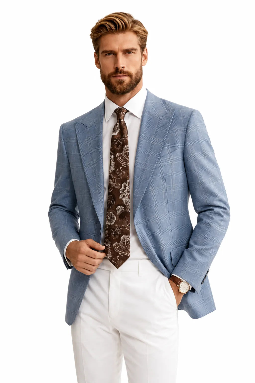 Men's Modern Light Blue Plaid 2 Piece Suit