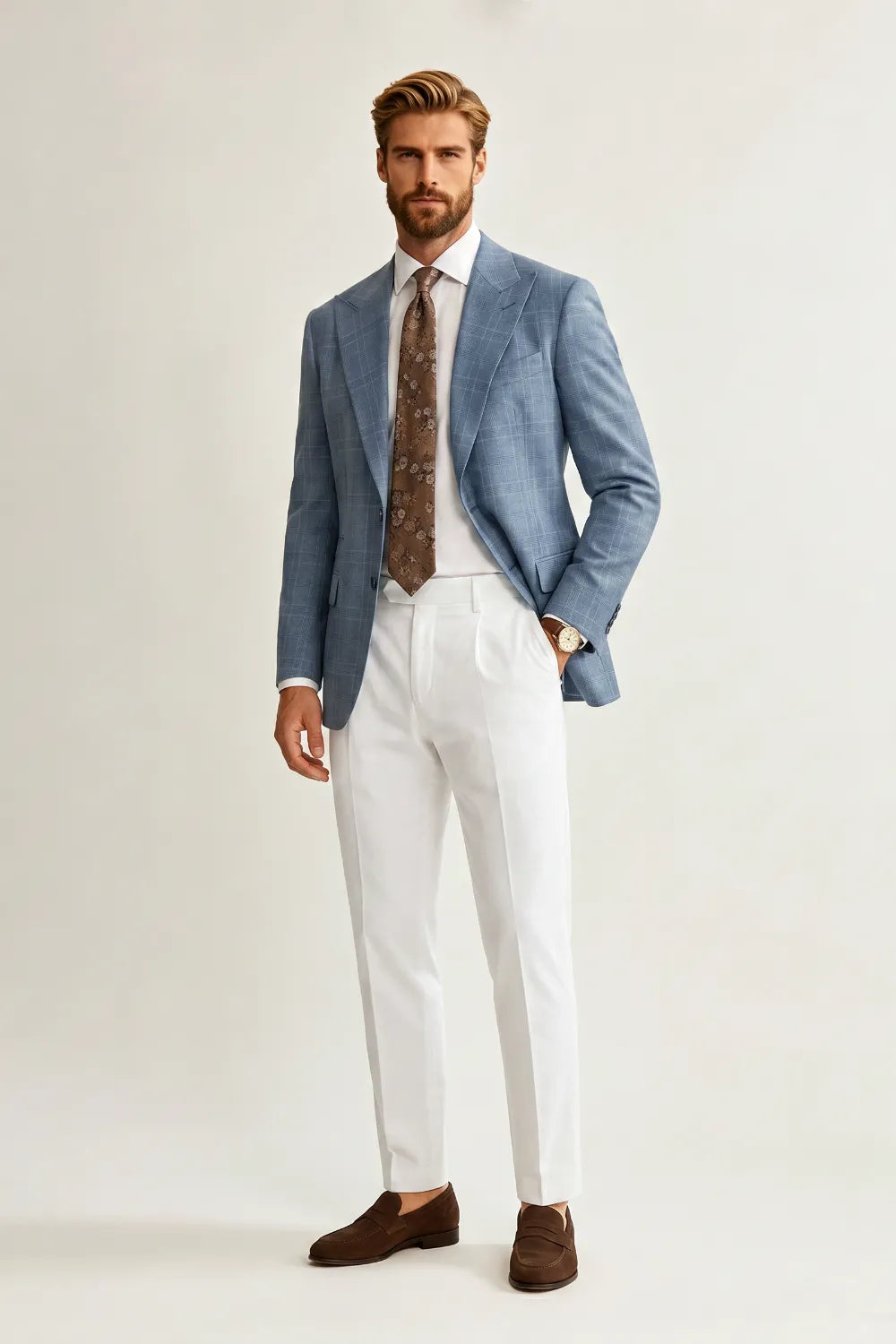Men's Modern Light Blue Plaid 2 Piece Suit