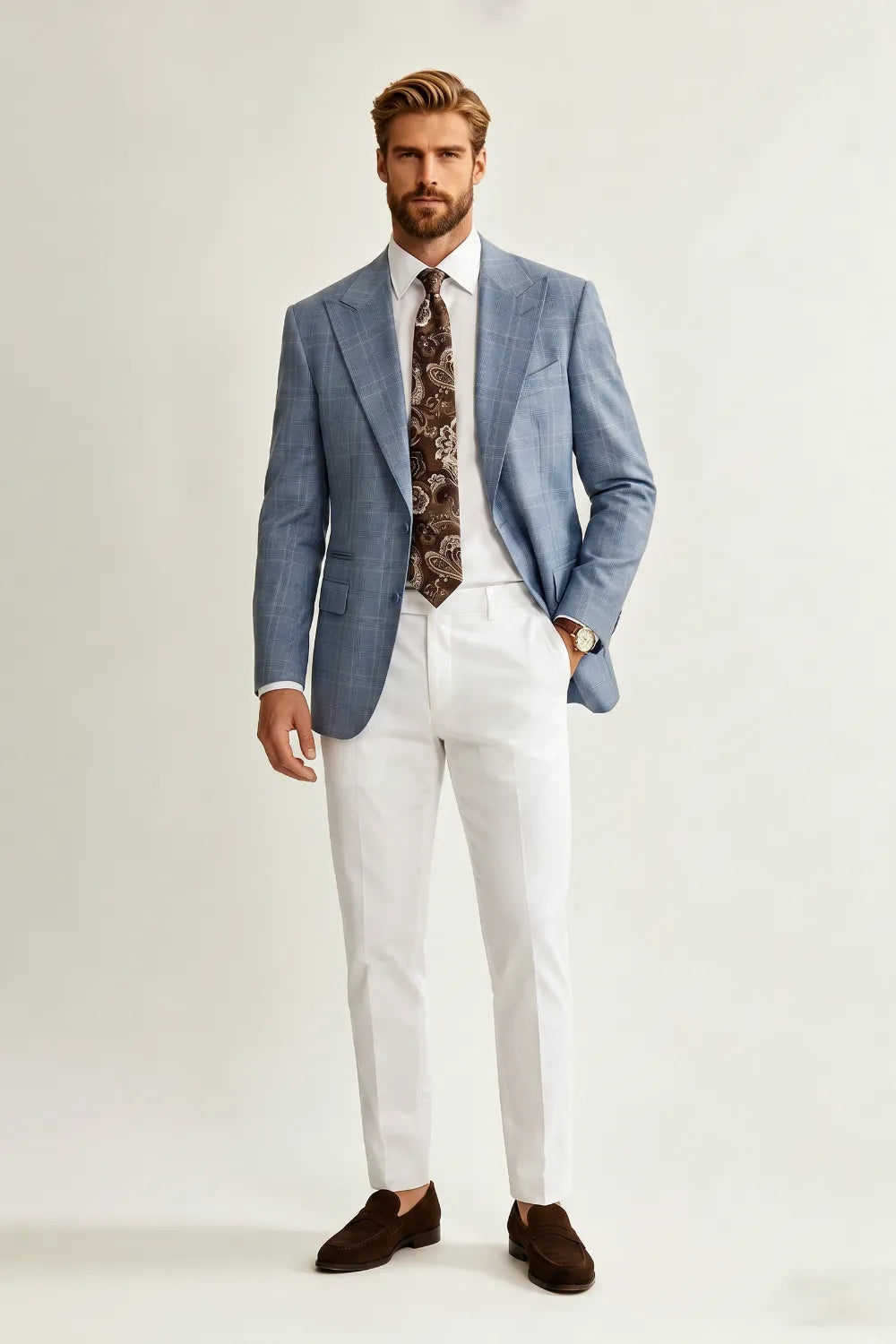 Men's Modern Light Blue Plaid 2 Piece Suit