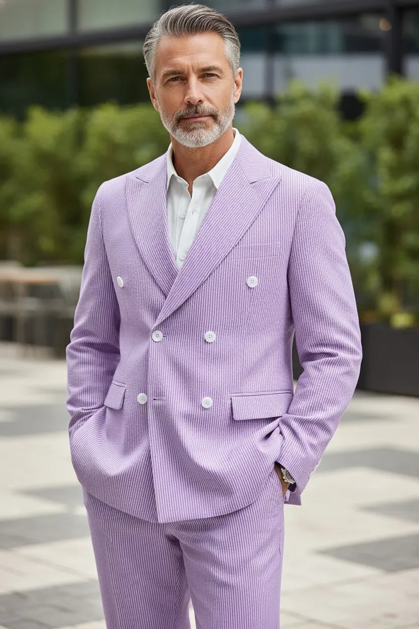 Men's Summer Double Breasted Seersucker 2 Piece Suits