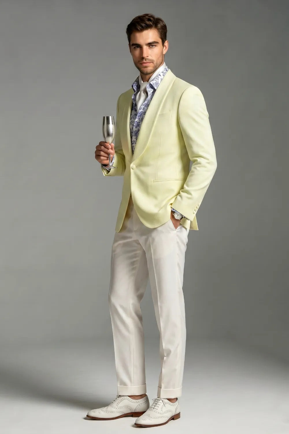 Men's Light Yellow Shawl Lapel Slim Fit 2-Piece Suit