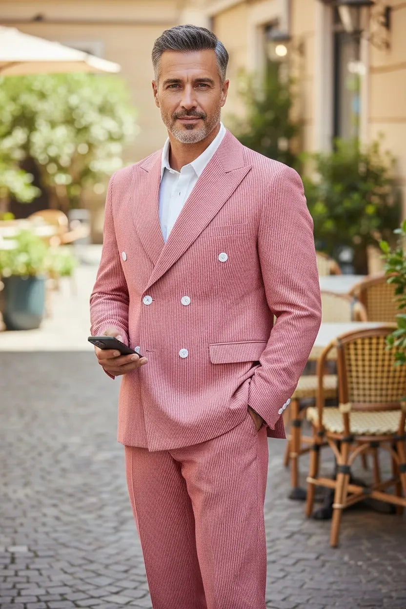 Men's Summer Double Breasted Seersucker 2 Piece Suits