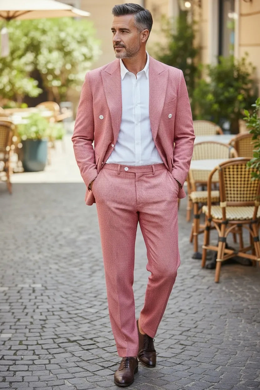 Men's Summer Double Breasted Seersucker 2 Piece Suits
