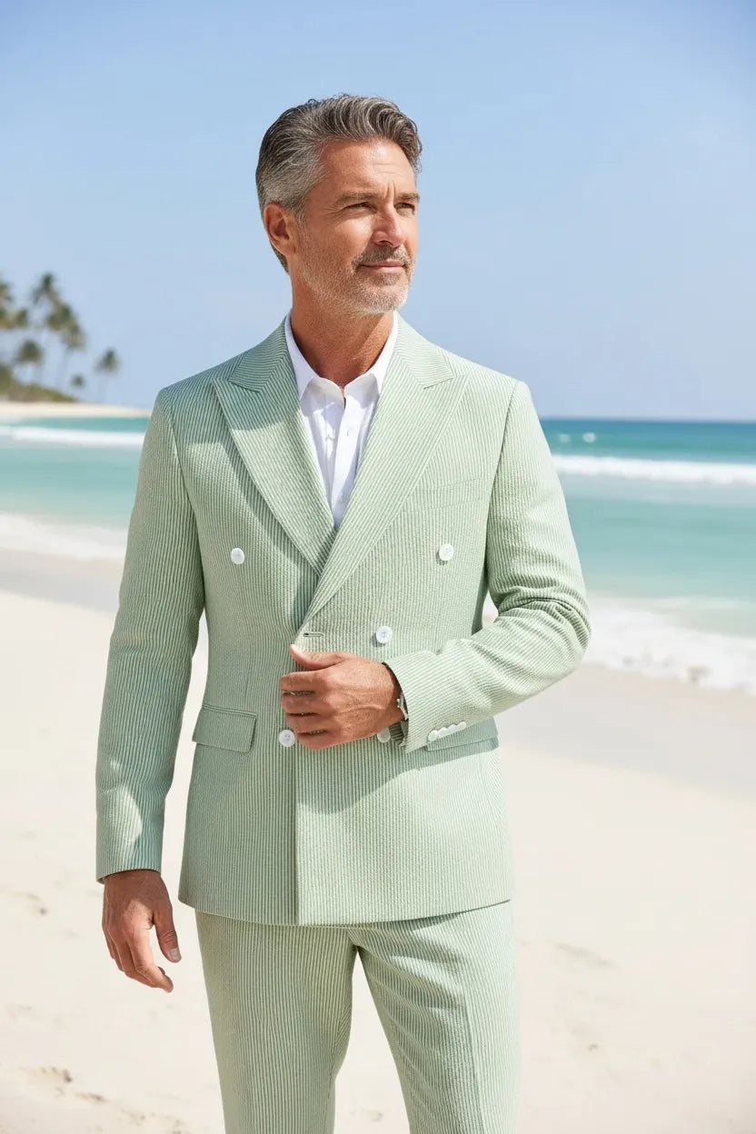 Men's Summer Double Breasted Seersucker 2 Piece Suits