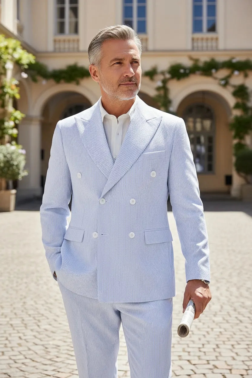 Men's Summer Double Breasted Seersucker 2 Piece Suits