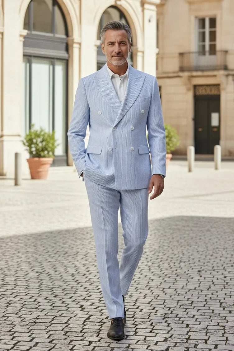 Men's Summer Double Breasted Seersucker 2 Piece Suits