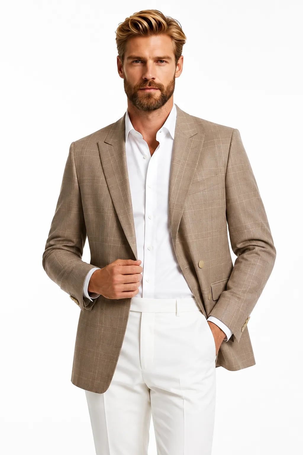 Men's Beige Windowpane 2 Piece Suit