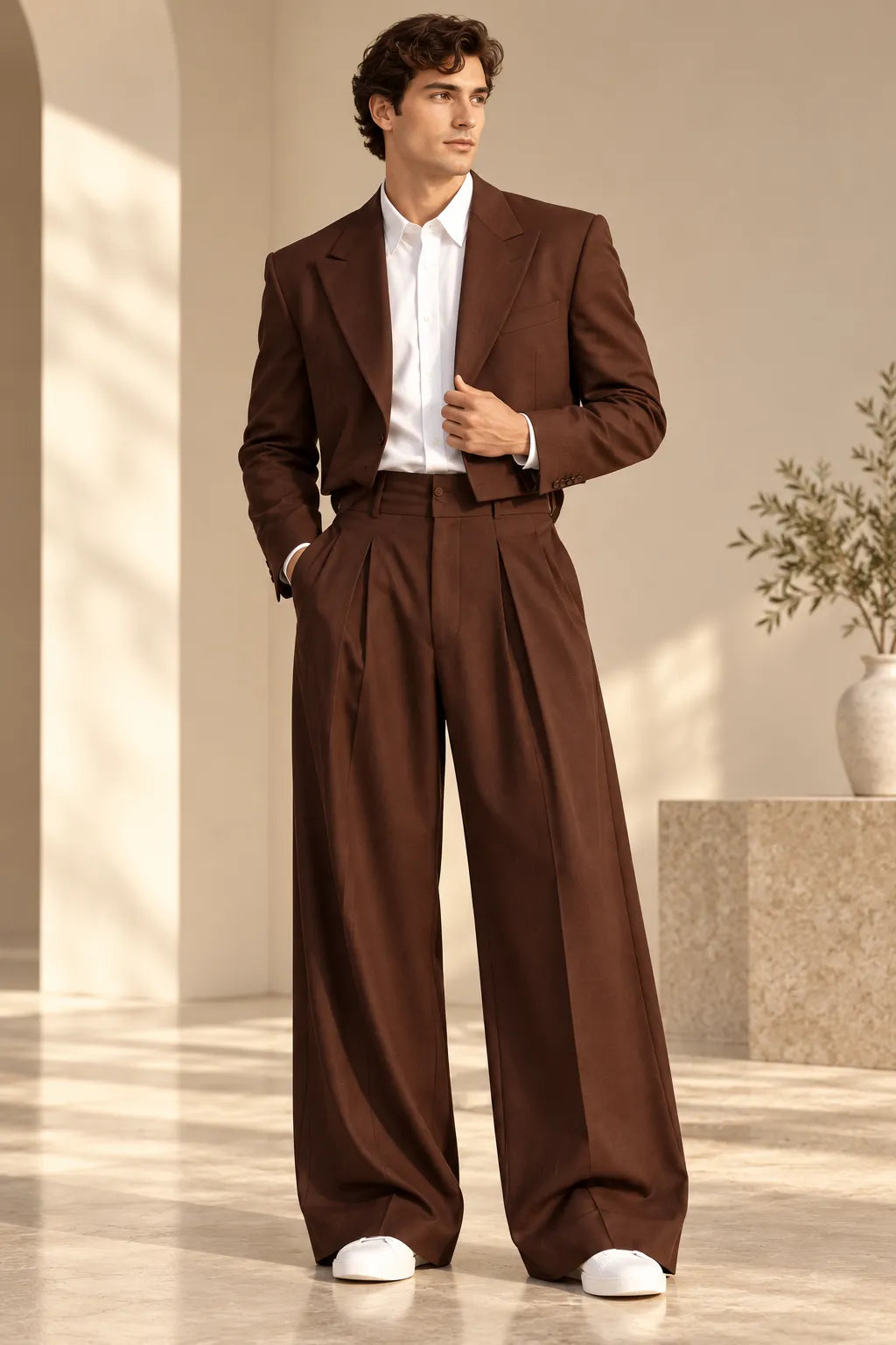 Men's Cropped Blazer Wide Leg 2 Piece Suit